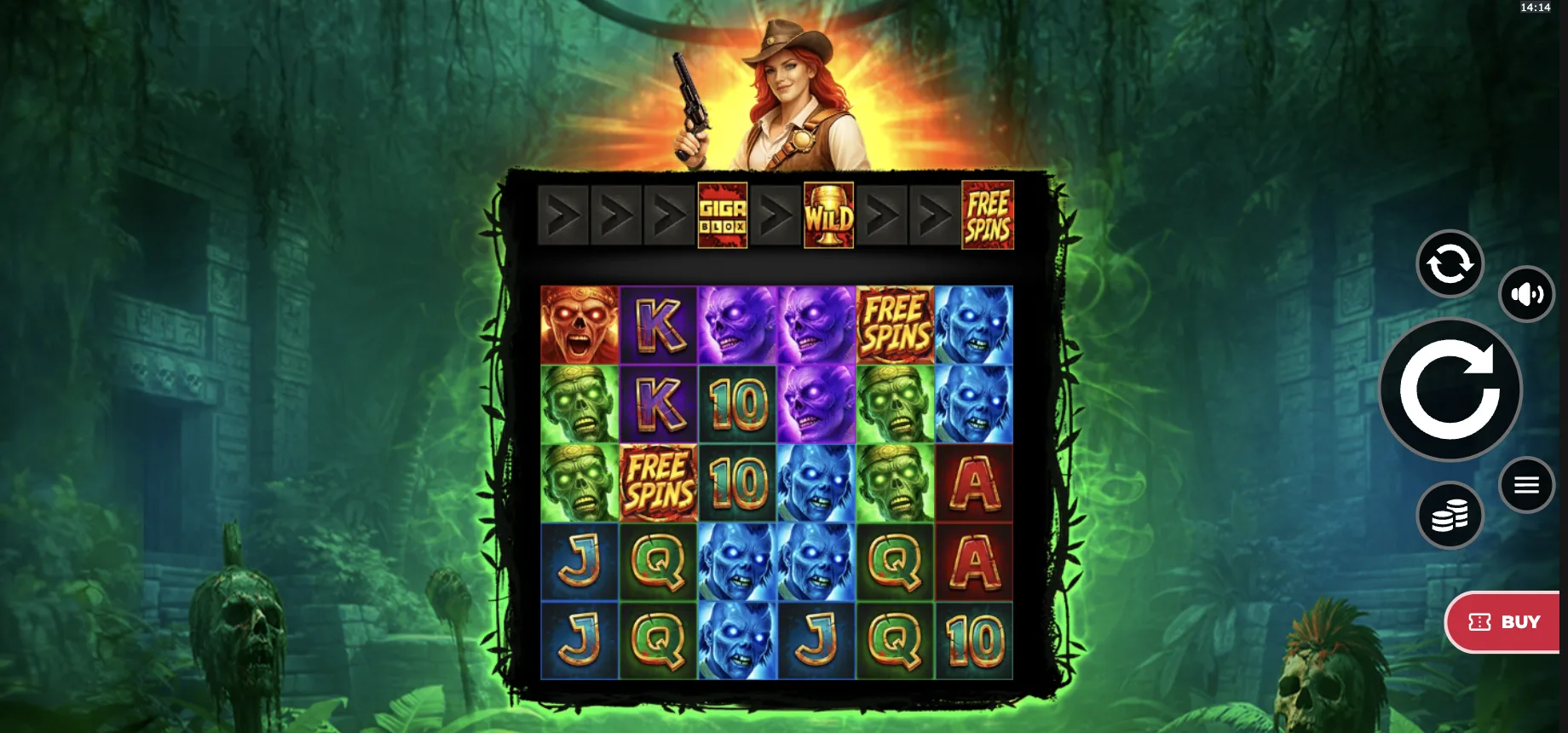 Giga Zombies gameplay — 6x5 grid with GigaBlox symbols